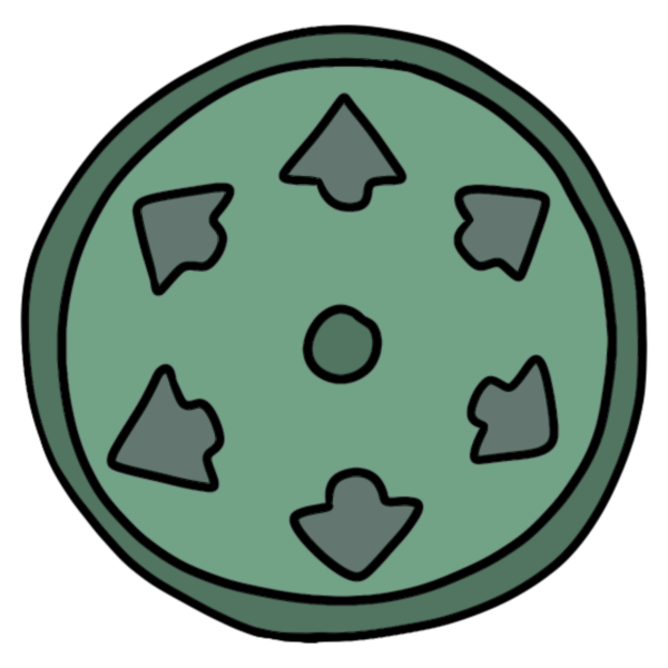 a green circle with darker green dot in the center that had six small arrows on it pointing radially out from the center.